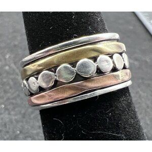 Vintage Sterling Silver Copper & Brass Triple Spinner Ring Wide Band Size 7